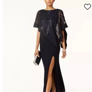 R&M Richards Navy Embellished Asymmetrical Gown